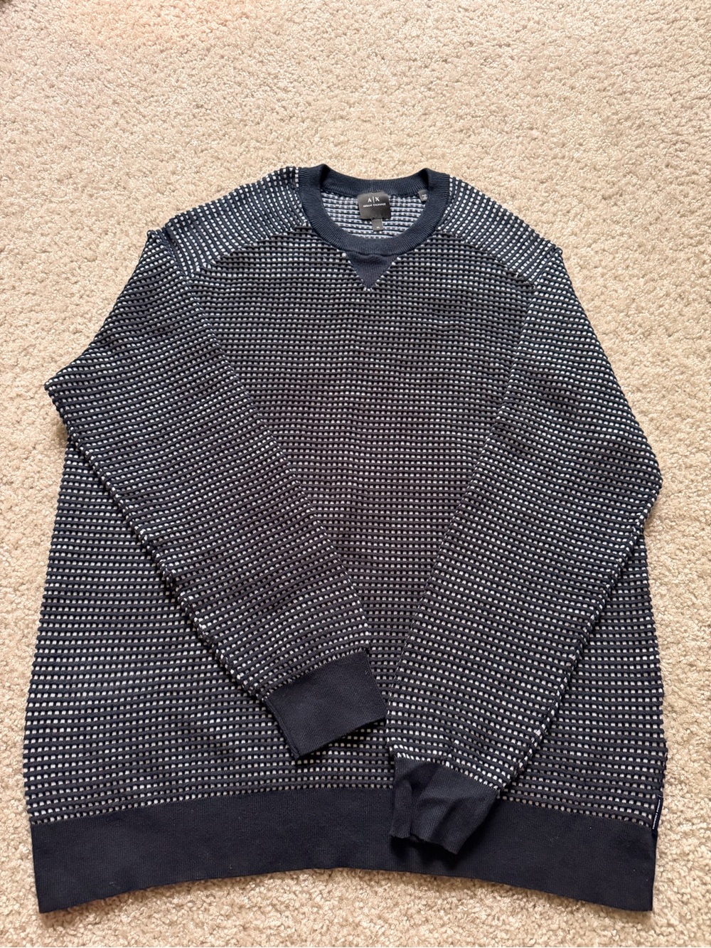 Armani Exchange Navy and White Textured Crewneck Sweater